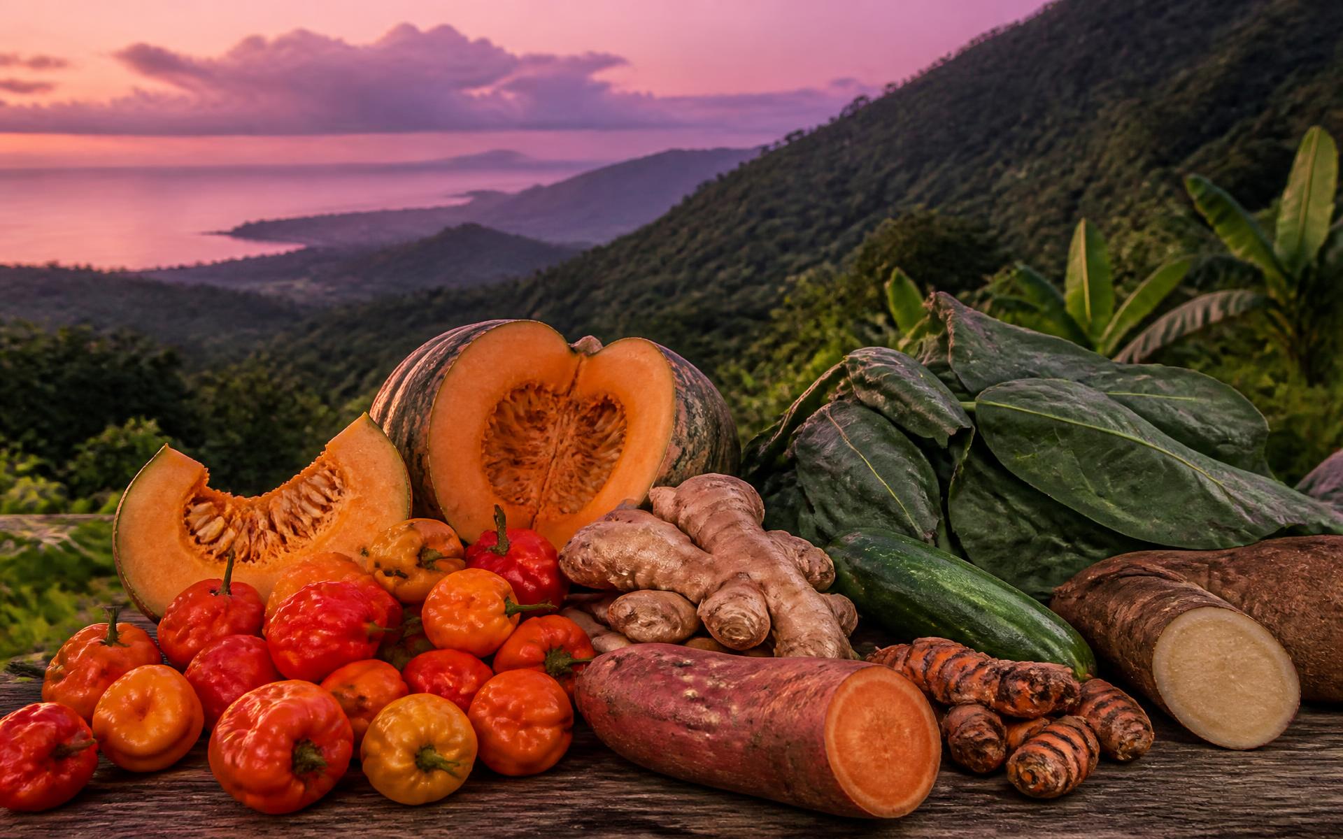 Fresh Jamaican produce — scotch bonnet peppers, ginger, pumpkin, sweet potato, yam and callaloo — on a hillside in Frankfield, Clarendon